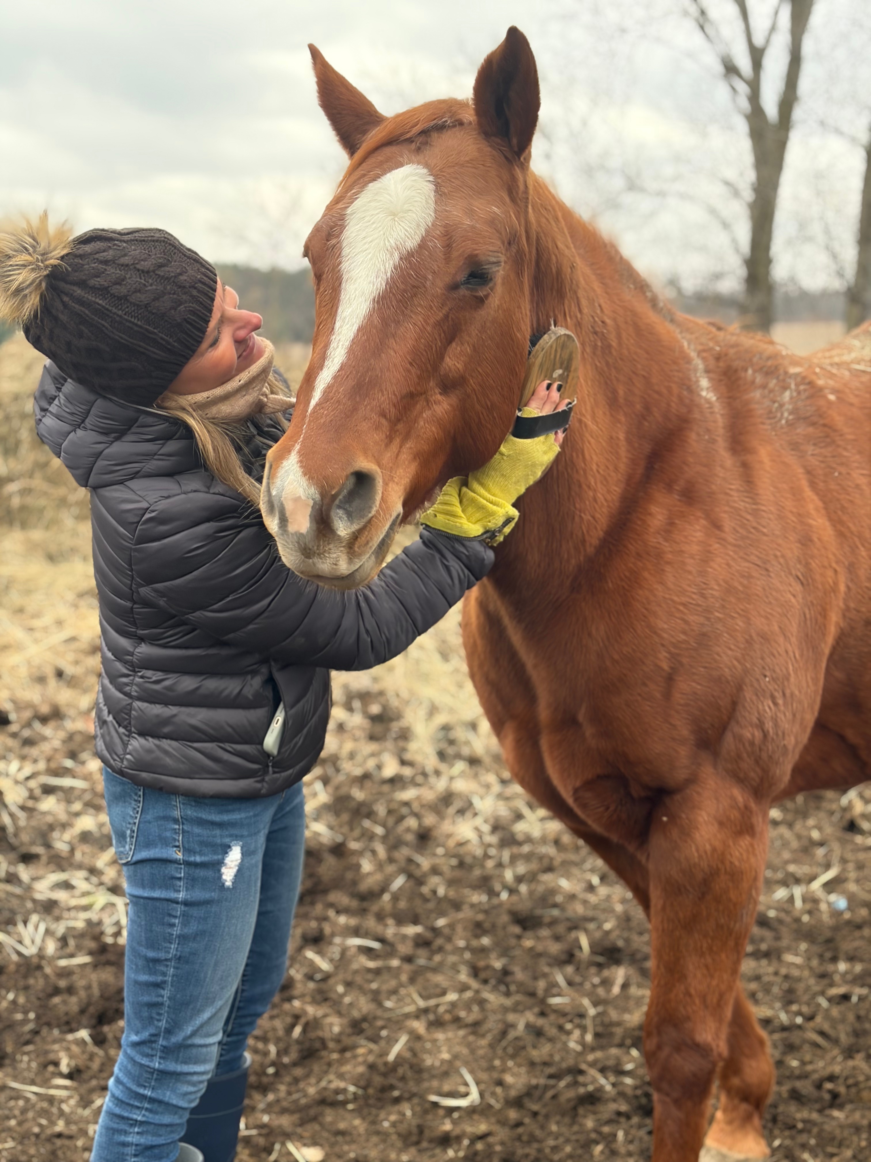 A person wearing a black beanie and a puffy coat is affectionately interacting with a brown horse, gently brushing its face.