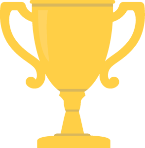 A shiny yellow trophy with two handles and a decorative base
